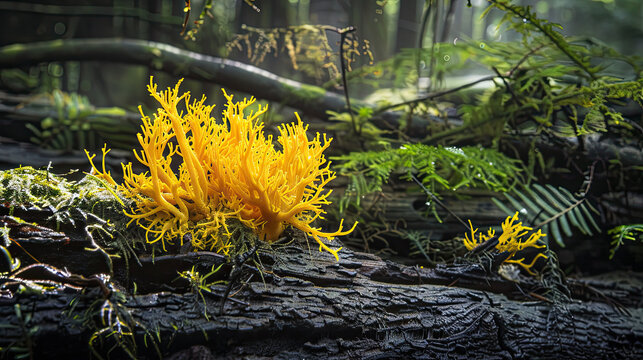 Luminous Labyrinth: Yellow Slime Mold in the Forest's Embrace