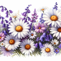 Seamless border watercolor Daisy and bluebell. White and violet blossom flower on isolated background. Drawing botanical invitation cards, flowers,daisy, yellow, white, illustration, Ai generated