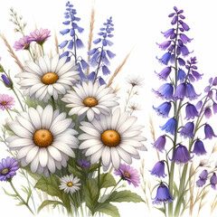 Fototapeta premium Seamless border watercolor Daisy and bluebell. White and violet blossom flower on isolated background. Drawing botanical invitation cards, flowers,daisy, yellow, white, illustration, Ai generated