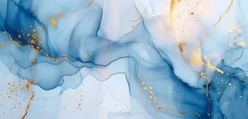 Fototapeten Abstract watercolor or alcohol ink art blue white background with gold © sundas