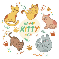 Kawaii Cats vector illustration  Smiling Kitty, cute and round-faced cat