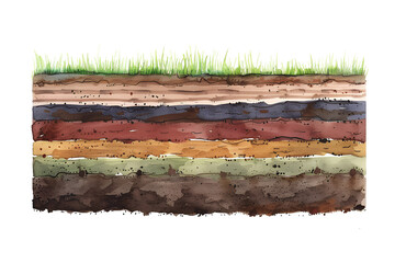 A flat illustration depicting soil ground with underground layers, adorned with grass, land, and earth textures. Isolated on a white background for enhanced clarity and focus.
