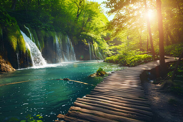 Summer view of the beautiful waterfalls in Plitvice Lakes National Park  - obrazy, fototapety, plakaty