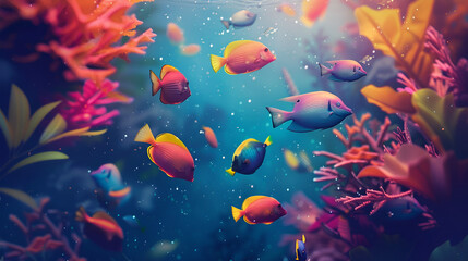 Naklejka na ściany i meble School of fish swimming under water of sea. generative ai 