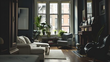 Cozy NYC Brownstone Living Room with Vintage Furniture and City View - Warm, Inviting, Urban Interior