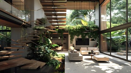 Double Height Living Room in Tropical Modernism Home Embracing Nature and Sunlight - obrazy, fototapety, plakaty