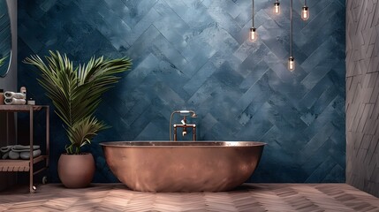 Copper Bathtub in Modern Herringbone Tiled Bathroom Elevating Spa-like Ambiance