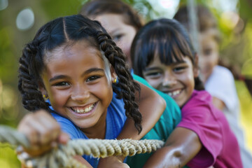 Children playing tug of war in the park. A multiracial group of school kids are having fun outdoors, happily laughing and cheerful while hanging out together on summer vacation at the playground - obrazy, fototapety, plakaty