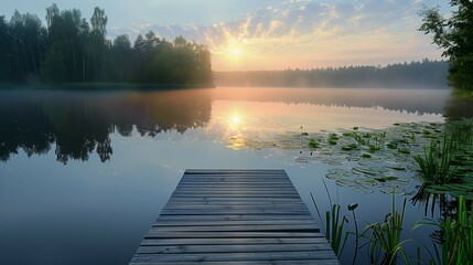 Beautiful summer lake with a wooden dock and reflections of the sunrise in the calm water.