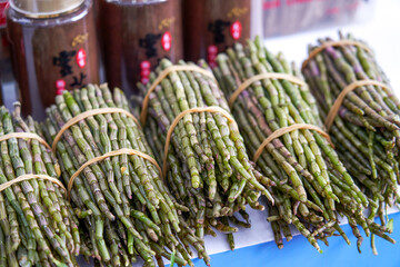 Close-up of processed traditional Chinese herbal medicine Dendrobium officinale for sale
