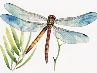 Illustration of a dragonfly on a branch of a tree.