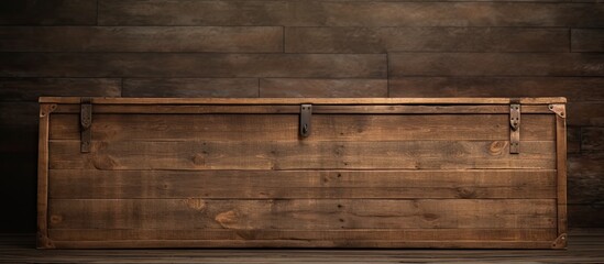 A brown hardwood plank box, made of lumber and plywood, is placed in front of a brick wall. The wood has a rich wood stain and forms a rectangle pattern