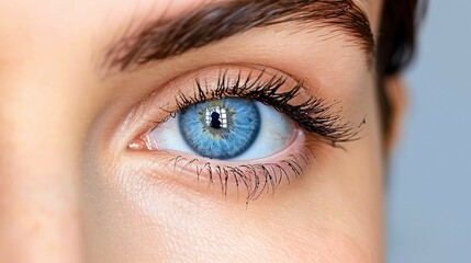Close up of a beautiful woman's blue eye with a contact lens, in a macro shot.