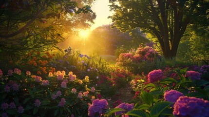 Sunset Garden with Colorful Blooms AI Generated.