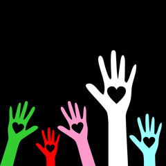 Obraz premium Colorful hands up with hearts. Heart in hand. Vector icon. Charity Silhouette icons. Volunteer Poster. Donation, Love Icons.