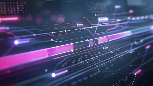 Hightech software displays a virtual timeline of a business analytics project complete with estimated time frames and corresponding milestones. The vibrant and userfriendly