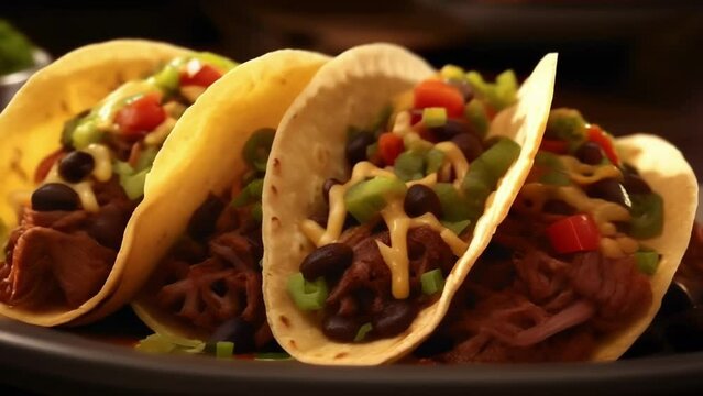 A tempting display of culinary artistry, these tacos feature slowcooked beef infused with tantalizing flavors. Balanced with a generous portion of wellseasoned black beans, they provide