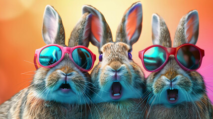 Naklejka premium 3 Easter rabbits with exaggerated expressions. concept of Easter