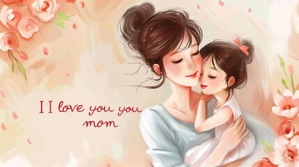 Create an appropriate image of a happy mother and child in an ultra-realistic and the inscription "I love you mom