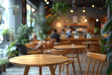 Cafe interior with empty wooden tables and blurred background, concept of hospitality and casual dining space