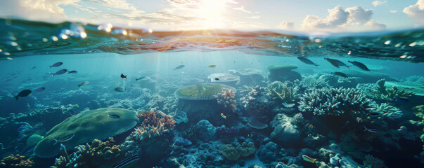 Underwater landscape showcasing vibrant coral reef and marine life with split sky and ocean view