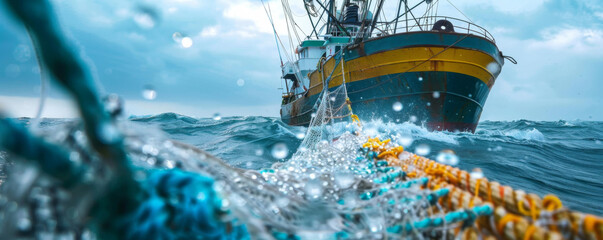 Fishing vessel braving rough seas, illustrating sustainable fishing practices in marine conservation - obrazy, fototapety, plakaty