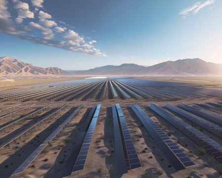 Photorealistic illustration of expansive solar panel farm set against mountain range under clear sky