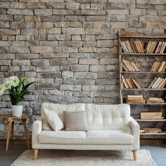 White sofa against stone wall with book shelves. 
design of modern living room.