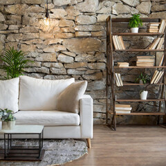 White sofa against stone wall with book shelves. Farmhouse home interior 
design of modern living room.