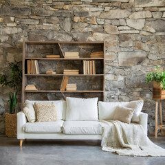 White sofa against stone wall with book shelves. design of modern living room.