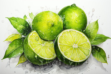 Lime fruit watercolor painting - obrazy, fototapety, plakaty
