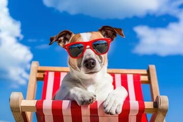 Dog wearing sunglasses on at  ocean shore.