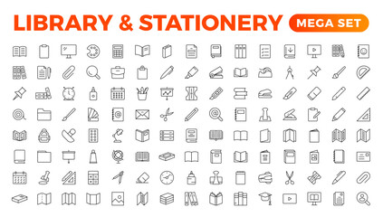 Educational Resources Line Icons set. Backpack, Book,  learning, school. Learning icon set. Contains study, graduation, student, knowledge, learning, school, and stationery icons. - obrazy, fototapety, plakaty