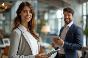 Smiling young professional woman holding tablet in office environment with male colleague in background, concept of technology in business and female empowerment