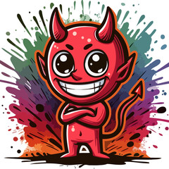 A little red devil grins with his hands on his chest against a backdrop of gradient paint splashes