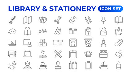 Educational Resources Line Icons set. Backpack, Book,  learning, school. Learning icon set. Contains study, graduation, student, knowledge, learning, school, and stationery icons.