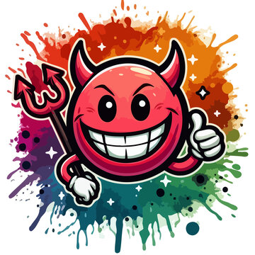 illustration of a devil, A grinning little devil carrying a trident against a colorful background of paint splashes