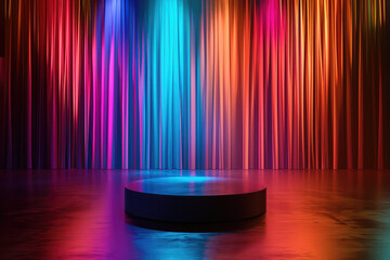The stage of the theater is decorated with orange curtains and lights, leaving an empty space in front for a title or poster