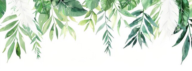 A watercolor painting featuring vibrant green leaves painted in delicate detail against a clean white background - obrazy, fototapety, plakaty