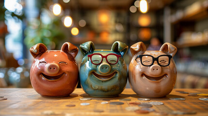 Three ceramic piggy banks with cheerful faces, sitting on a wooden table with coins scattered around