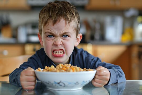 Young Angry boy yelling while eating breakfast.