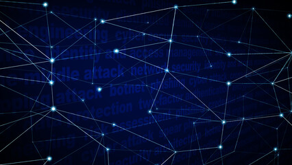 Connected lines of cyber security texts ensuring technology and digital security through secure networks and online protection