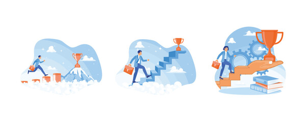 Creating a business for success. The man is walking up the stairs to get the trophy. Motivation to achieve success. Success Business concept. Set flat vector illustration.