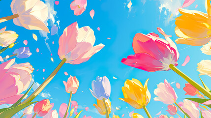 青空に向かって伸びるたくさんのチューリップの水彩イラスト