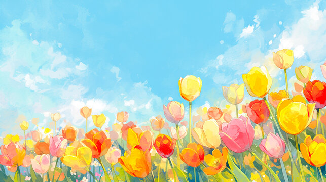 青空の下で美しく咲くチューリップ畑の水彩イラスト
