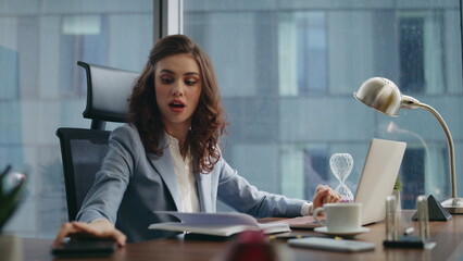 Attractive financial manager video chatting at office closeup. Remote conference