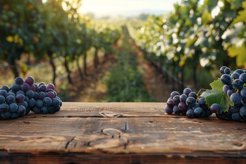 Rich grape clusters on a wooden surface foreground with a vibrant vineyard landscape in the...