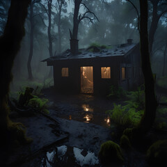 In a spooky forest, a decrepit cabin stands alone.