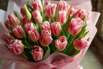 A bouquet of pink tulips neatly arranged and wrapped in matching pink paper, showcasing the delicate beauty of the flowers
