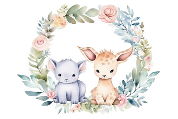 Cute Watercolor Animal Frame Illustration Baby template